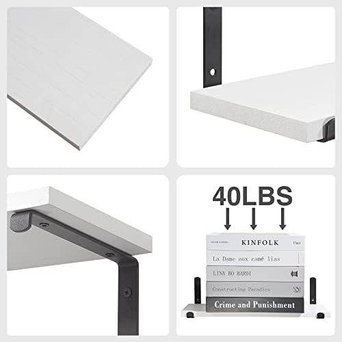 Afuly Floating Shelves White and Black Wall Shelf with Solid Wood, Metal Bracket for Bedroom Living Room Office Bathroom Kitchen, Storage or Display Shelves, Set of 2
