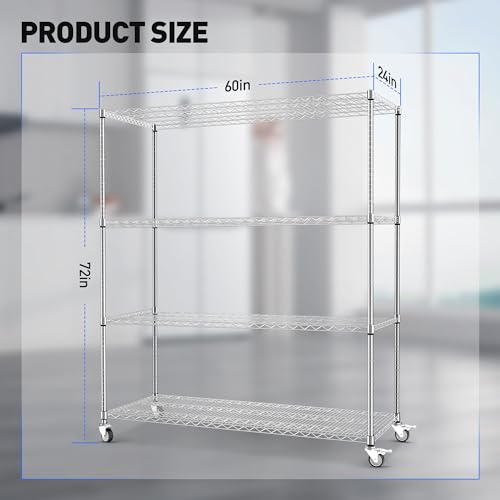 Rengue Wire Shelving with Wheels, 60"x 24"x72" Metal Storage Shelves, 4-Tier Heavy Duty Garage Storage Shelves, Chrome 2400LBS Capacity Wire Shelf Rack for Restaurant, Garage, Pantry, Kitchen - Image 4