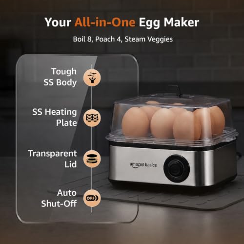 Image of Amazon Basics 3-in-1 Electric Egg Boiler and Poacher | Boils 8 Eggs, Poaches 4 Eggs, Steam Vegetables | Auto Cut Off | 3 Boiling Modes | 500W | Stainless Steel Body - Silver