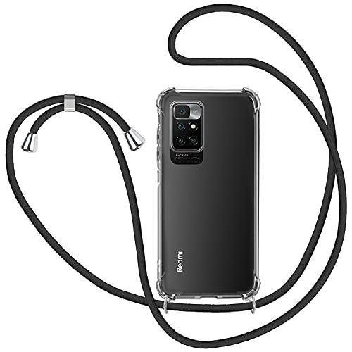 SAMCASE Collier pour Xiaomi Redmi 10 2022/2021 Coque, Étui pour Téléphone avec Cordon Transparente TPU Bumper Lanyard Case Tour de Cou Chaîne Cordon Lanière Housse Etui - Noir Cover