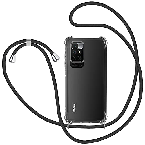 SAMCASE Funda con Cuerda para Xiaomi Redmi 10, Carcasa Transparente TPU Suave Silicona Case con Correa Colgante Ajustable Collar Correa de Cuello Cadena Cordón - Negro