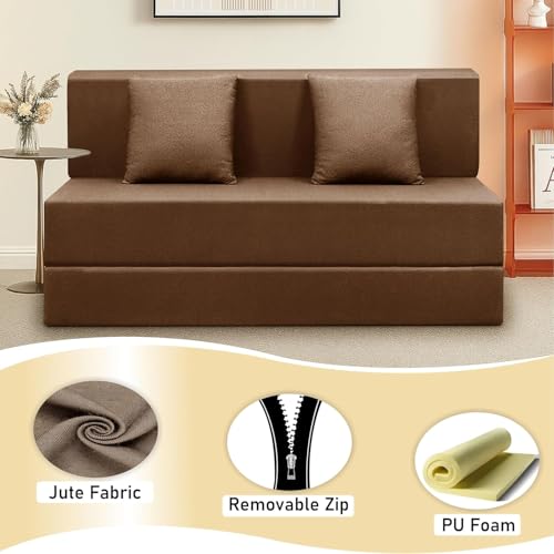 Image of Easy Foldable Two Seater Sofa Cum Bed Jute Fabric - Washable Cover with Two Cushion 4x6 Feet for Home & Office Guest Room Brown Color