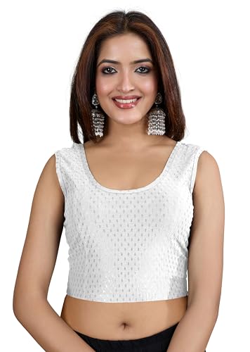 Image of TRENDMALLS Women's Dobby Pure Cotton Elastin Stretchable Readymade Round Neck Sleeveless Blouse Choli Stylish Saree Blouse Ready to Wear
