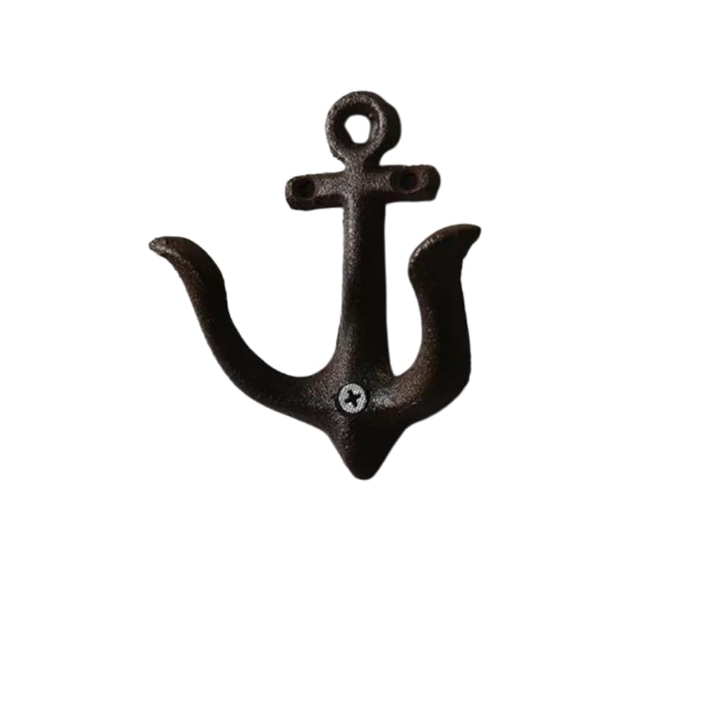 Rustic Cast Iron Anchor Wall Hooks - Heavy Duty Coat Hooks Wall Mounted - Key Holder, Towel Hook & Door Hanger for Beach House Room Decor - Metal Screw In Hooks for Hanging with Hardware (Brown)
