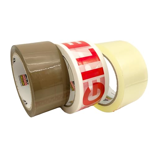 Double Dragon Mixed Packing Tape Multipack 66m Long 48mm Wide 3 Rolls| Brown Clear & Fragile Printed Tape Rolls | Secure Adhesive Sealing Cellotape Tape for Parcels Moving Boxes & Storage