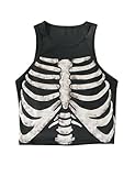 Meladyan Women Y2K Skeleton Graphic Print Aesthetic Crop Tank Top Sleeveless Ribbed Knit Grunge E-Girl Goth Cropped Vest Tops Black