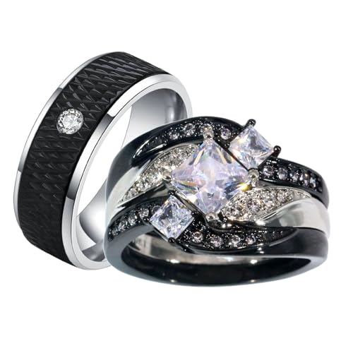 ringheart Couple Rings Black Matching Ring 1.5CT AAA CZ 3pcs Women Wedding Ring Sets for Him and Her Rings Men Band