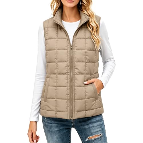 XOGWVJ Puffer Vest Women Lightweight Quilted Sleeveless Jacket Stand Collar Zip Up Warm Fall Winter Casual Outerwear Coat Women's Vests Dressy Casual Khaki S - image 7
