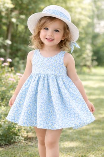 Image of Bold N Elegant Baby-Girl's Summer Sleeveless Cotton Floral Heart Print Princess Midi Dress Frock Tutu with Hat for Girls