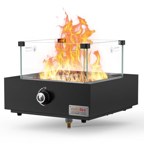 onlyfire Tisch Gas Feuerstelle mit Glaswindschutz, Lavastein und Unterer Lufteinlass, Propan Gas Tischfeuer, Ambientebeleuchtungen, Tischfeuerstelle für Garten/Heizung/Terrasse/Camping