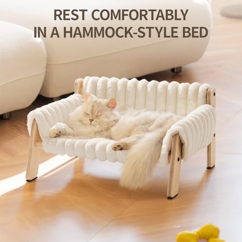 MEWOOFUN Erhöhtes Weich Katzensofa Bett für große Katzen und Kätzchen, Stabiles Katzenbett kleines Hundebett mit waschbarem abnehmbarem Bett, 56x45cm (Beige, M)