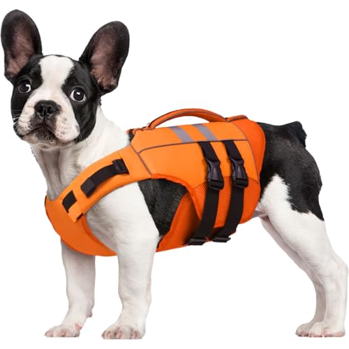 Kuoser Small Dog Life Jacket, High Flotation Doggie Life Vest for Swimming Boating, Reflective Puppy Swimming Vest Pet Life Preserver with Rescue Hand