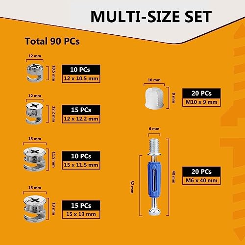 image for YaaYii Cam Locks for Furniture 90 Pcs 3-in-1 Eccentric Wheels, Furnitu