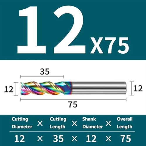 1Pcs End Mill HRC55 3 Flutes Aluminum Cutter Acrylic Wood Copper Plastic CNC Machine Cutting Coating Tool(12X35X12DX75L)