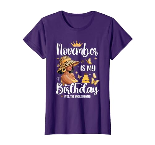 November is My Birthday African American Woman Birthday T-Shirt, Women, Purple, Medium