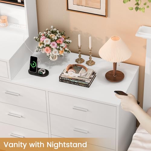 Image of FIONESO Vanity Desk with LED Light Mirror & Power Outlet, 8 Drawers, 6 Storage Shelves, 3 Color Modes & Adjustable Brightness Makeup Vanity, Corner Vanity, L Shape Vanity, 39.4 inch-64.9 inch Desk, White