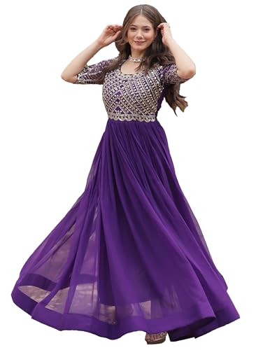 Fashion Basket Georgette Embroidered Anarkali Gown for Women Purple