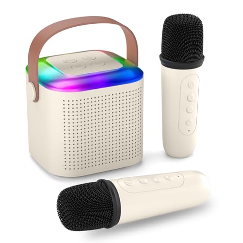 Image of Humble Kroko Series Mini Bluetooth Wireless Karaoke Speaker with 2 Mics, 8Hrs Playtime, RGB Lights (BT 5.3 /TF Card), Voice Effects, Multi-Play Modes,Type-C Charging for Kids & Home Parties - Cream