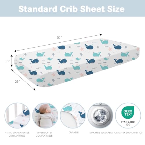 Image of Little Grape Land 4 Pack Baby Crib Sheets for Standard Crib Mattress,52x28 | Super Soft & Breathable,Perfect Fit,Ultra-Soft Fabric,Charming Design,Easy Care,Whale /Shell Blue /Ocean /Navy
