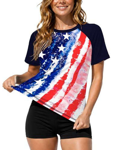 Image of AOBUTE Women Short Sleeve Rash Guard Gradient Sun Protection Swim Shirts