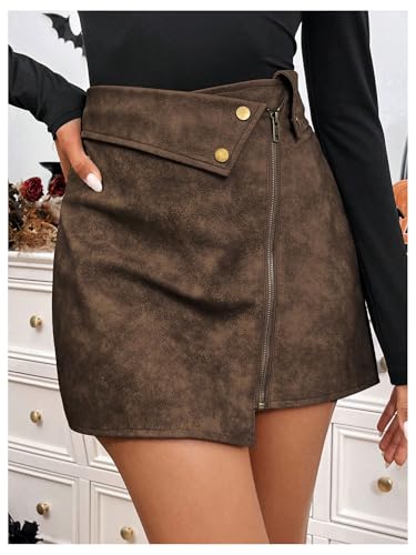 Floerns Women's Vintage Leather Skirts Zip Up High Waist Asymmetrical Hem Mini Skirts2