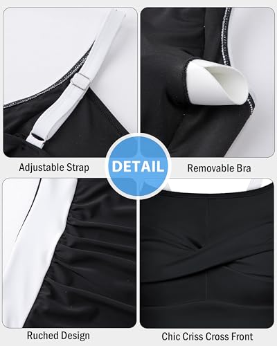 Image of DAXIANG Girls One Piece Swimsuit Modest Ruched Color Block Bathing Suit Tween Adjustable Straps Padded Swimwear Size 7-16