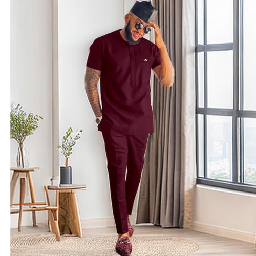 African Attire for Men Solid Color Short Sleeve Shirt Pants 2 Piece Set Outfit Dashiki Suit Clothing2