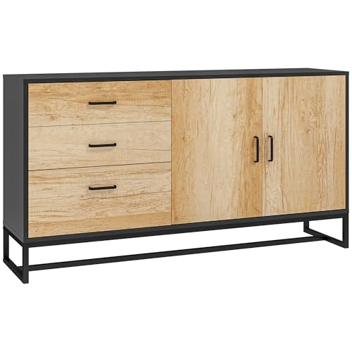 HOMCOM Credenza Soggiorno con Ante Soft-Close, Mobiletto Moderno con Ripiano Regolabile, 3 Cassetti e un Armadietto 2 Ante, 140x35x75cm, Legno e Nero
