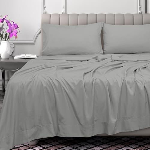Image of Royale Linens 300 Thread Count 100% Long Staple Combed Cotton Flat Sheet - Super Soft - Top Sheets - Queen Flat Sheet Sold Separately - Breathable, Cool & Crisp Percale Sheets Only (Queen, Silver)