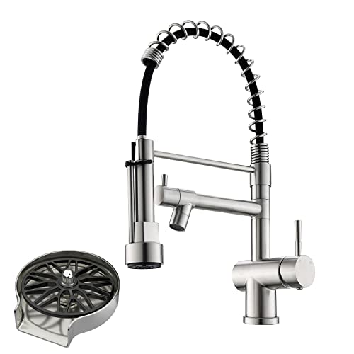 Commercial Kitchen Faucet, Vfauosit Kitchen Faucet With Pull Down Sprayer, Single Handle Kitchen Sink Faucet With Pot Filler, Brushed Nickel Stainless Steel Spring Sink Faucet With Glass Rinser #TOP12