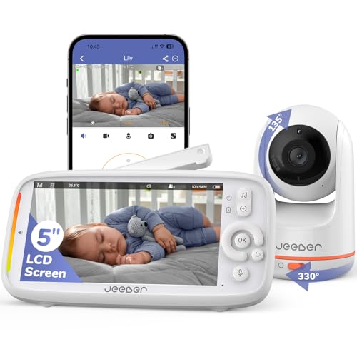 jeeber 2K Wifi Smart Video Baby Monitor with Camera Phone App & 5 Screen Control Motion & Cry Detection Night Vision Two-Way Talk Lullabies Temperature Sensor 2.4GHz Wifi Only 360 PTZ