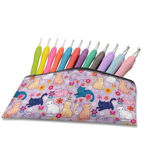 Image of Cat Flower Pencil Case for School Purple Pen Holder for Toddler Kindergarten Wear Resistant Pencil Pouch with Zipper Closure Girls Kawaii Pen Organizer