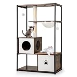 Tangkula Modern Cat Tree, 52 Inch Multi-Level Cat Tower with Metal Frame, 2 Wooden Condos, Sisal Scratching Posts, Detachable Cushion & Mats, Dangling Balls, Space Capsule Nest for Indoor Cats