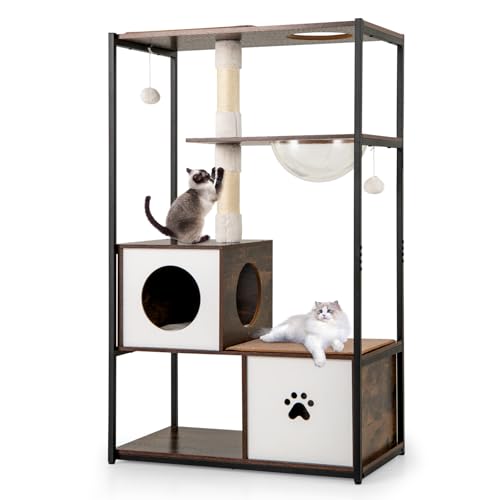 Tangkula Modern Cat Tree, 52 Inch Multi-Level Cat Tower with Metal Frame, 2 Wooden Condos, Sisal Scratching Posts, Detachable Cushion & Mats, Dangling Balls, Space Capsule Nest for Indoor Cats