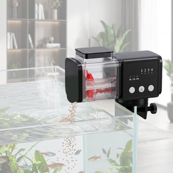 Automatic Fish Feeder Intelligent Programmable Timer with Dual Auger Screws for Pellets & Flakes Moisture-Proof Electric Auto Dispenser for Aquarium & Fish Tank (85ml capacity)