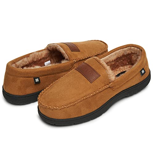 Lucky Brand Micro Suede Moccasin Slippers For Men With Faux Fur Lining, Tan, M #TOP2