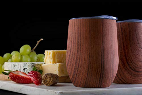 CHILLOUT LIFE 12 oz Stainless Steel Wine Tumbler with Lid - Double Wall Vacuum Insulated Wine Cup Glass Keeping Cold & Hot for Coffee, Champagne, Cocktails, Ice Cream - Wood
