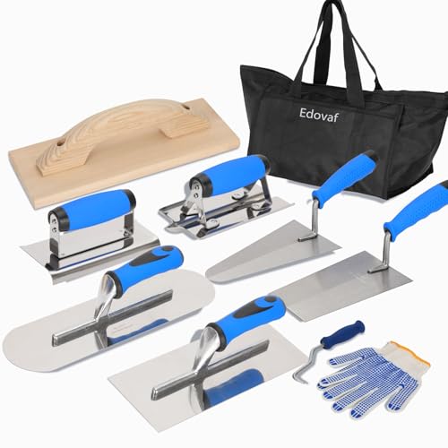Edovaf 10pcs Concrete Trowel Tool Set,Professional Masonry Hand Tool Kit Includes Finishing Trowel,Pool Trowel,Wood Float,Gauging Trowel,Concrete Edger, Groover,Wire Twister Tool, Gloves and Tool Bag