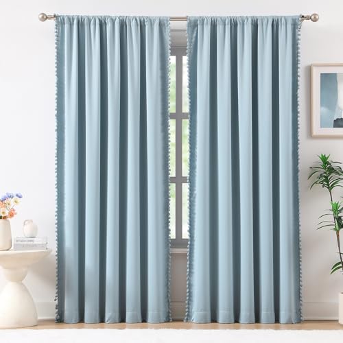 Image of Treatmentex Pom-Pom Blue Curtains Living Room 90 inches Energy Efficient Thermal Insulated Room Darkening Curtain Panels for Bedroom Window Draperies Nursery Room Children 52 inch w x2 Panels Rod Pocket