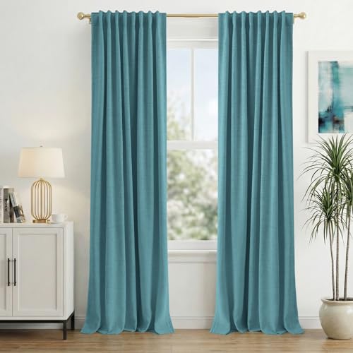 INOVADAY 100% Blackout Curtains 108 Inches Length 2 Panels Set, Back Tab/Rod Pocket Linen Black Out Curtains for Bedroom, Thermal Insulated Window Drapes - Teal, W50 X L108 by INOVADAY - Used condition - US$26.57