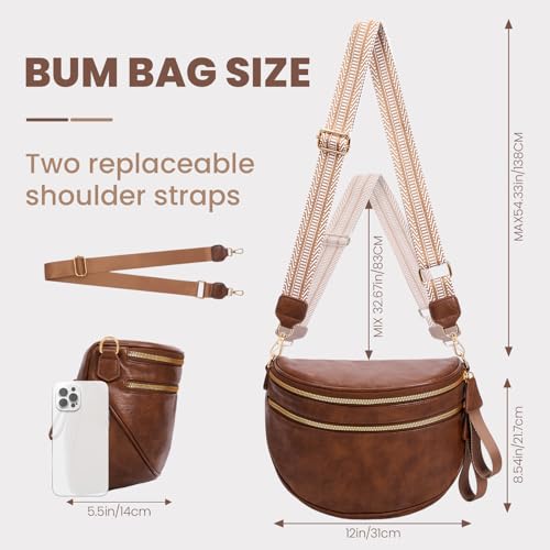 Leather Crossbody Bum Bag for Women,Large Sling Bum Bag Wallets Slouchy Belt Purse with 2Pcs Adjustable Strap - Image 4