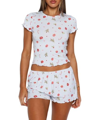 Image of Lacozy Cute Pajamas for Women Set 2 Piece Short Sleeve Pjs Floral Graphic Crop Top Y2K Summer Sleepwear Lounge Set