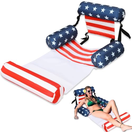 2 in 1 Inflatable Pool Floats Lounge with Leg Arm Rests Fabric Covered Floating Lounger Chairs Blow up Pools Noodles for Adult Heavy Duty Float Chair for Party Summer Water Beach Lake(American Flag)