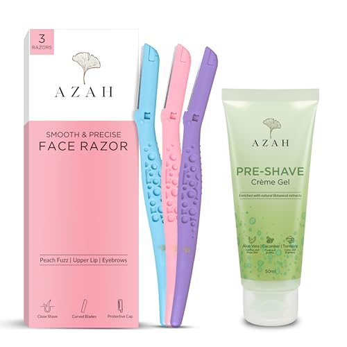 Image of Azah Facial Hair Removal Combo | Instant & Painless Facial Hair Removal Combo | Pack of 1 Pre-Shave Gel & 3 Face Razor | Skin-Safe Razors | For Eyebrows, Upper Lips, Chin & Sideburns | All Skin Types