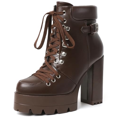 Image of Susanny Sexy High Heels for Women Boots Round Toe Platform Booties Lace Up Suede Side Zipper Ankle Bootie