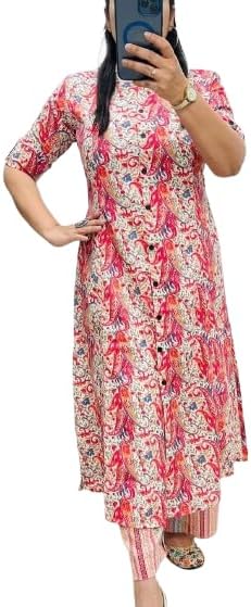 Women Cotton Hand Block Printed Office Wear A line Kurta with Pant