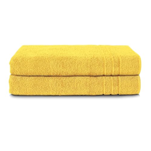 Komfortec 2er Saunatuch Set 80x200 cm aus 100% Baumwolle, XXL-Saunatücher, Sauna Handtuch, Weich, Groß, Frottee, Schnelltrocknend, Gelb