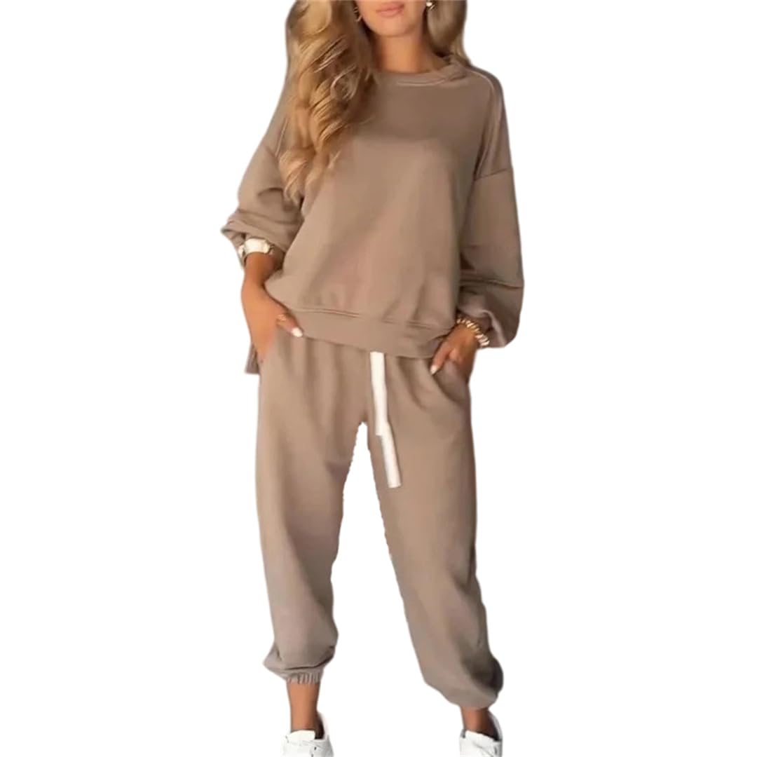 Womens Round Neck Long Sleeve Sports Sweatshirt and Pants Suit Solid Color Two Piece Set for Active Wear