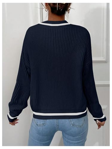 SHENHE Women's V Neck Ribbed Knit Long Sleeve Drop Shoulder Pullover Sweater Tops2