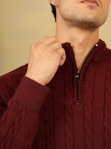 Image of Kvetoo Men's Wool High Neck Zipper Sweater, Full Sleeve Cable Knit Quarter Zip Winter Pullover